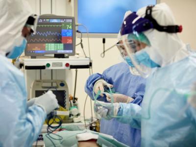 Surgical team with face shields