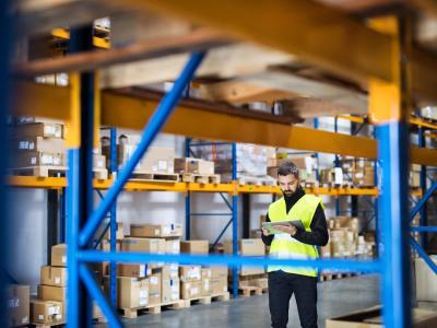 Man taking warehouse inventory