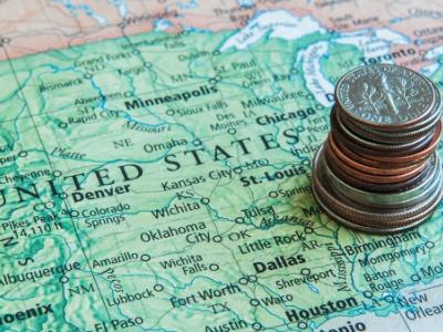 US map and coins