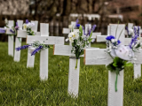 Grave markers with flowers