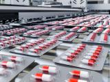 Red and white capsules in blister packs on production line