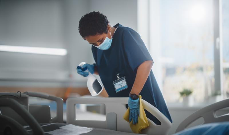 Nurse cleaning hospital bed
