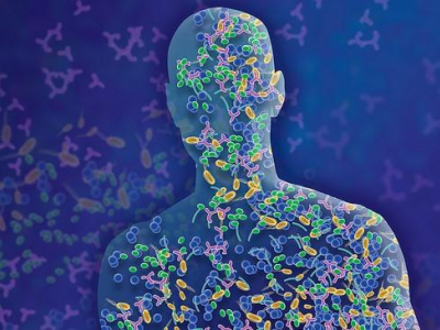 Illustration featuring outline of a person's upper body populated by bacteria
