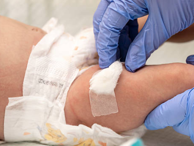 Vaccinated newborn with bandage on leg