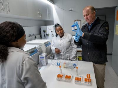 Scientists in lab looking at TB sputum samples