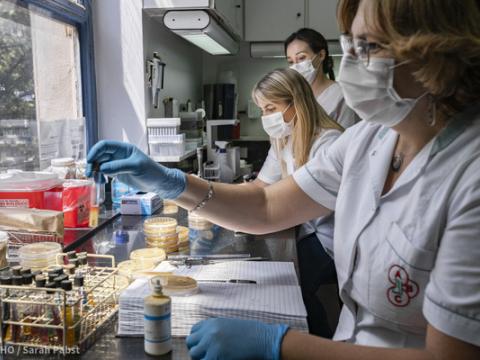 Microbiology lab workers in Argentina