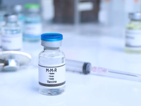MMR vaccine vial on table