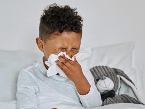 Young boy blowing nose