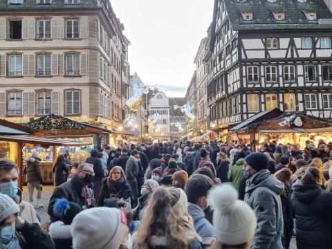 Crowded Christmas market in France