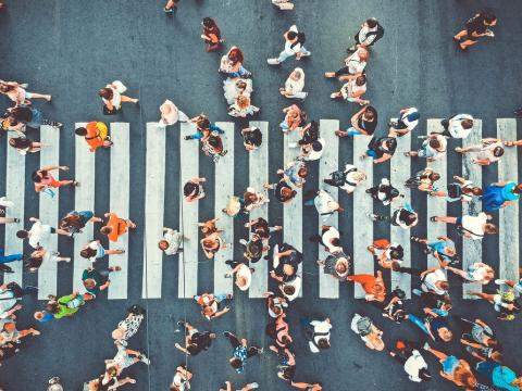 Aerial view of many people in crosswalk