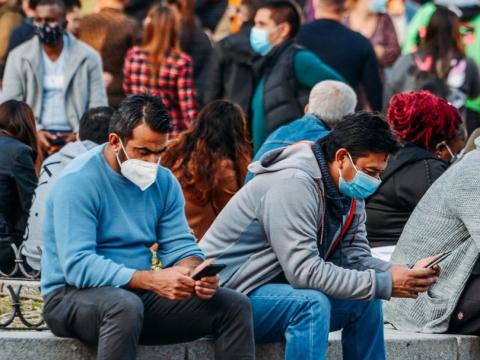 Crowd wearing masks