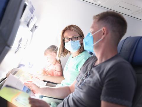 Couple wearing masks on plane