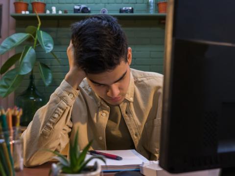 Stressed boy at home computer