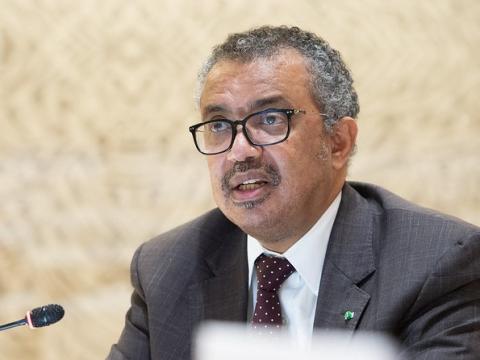 WHO Director-General Tedros at microphone