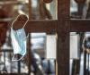 Surgical mask hanging from graveyard cross